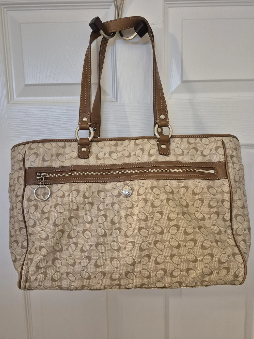 Coach Beige Signature Canvas Mulifunction Tote with Tan Leather Trim